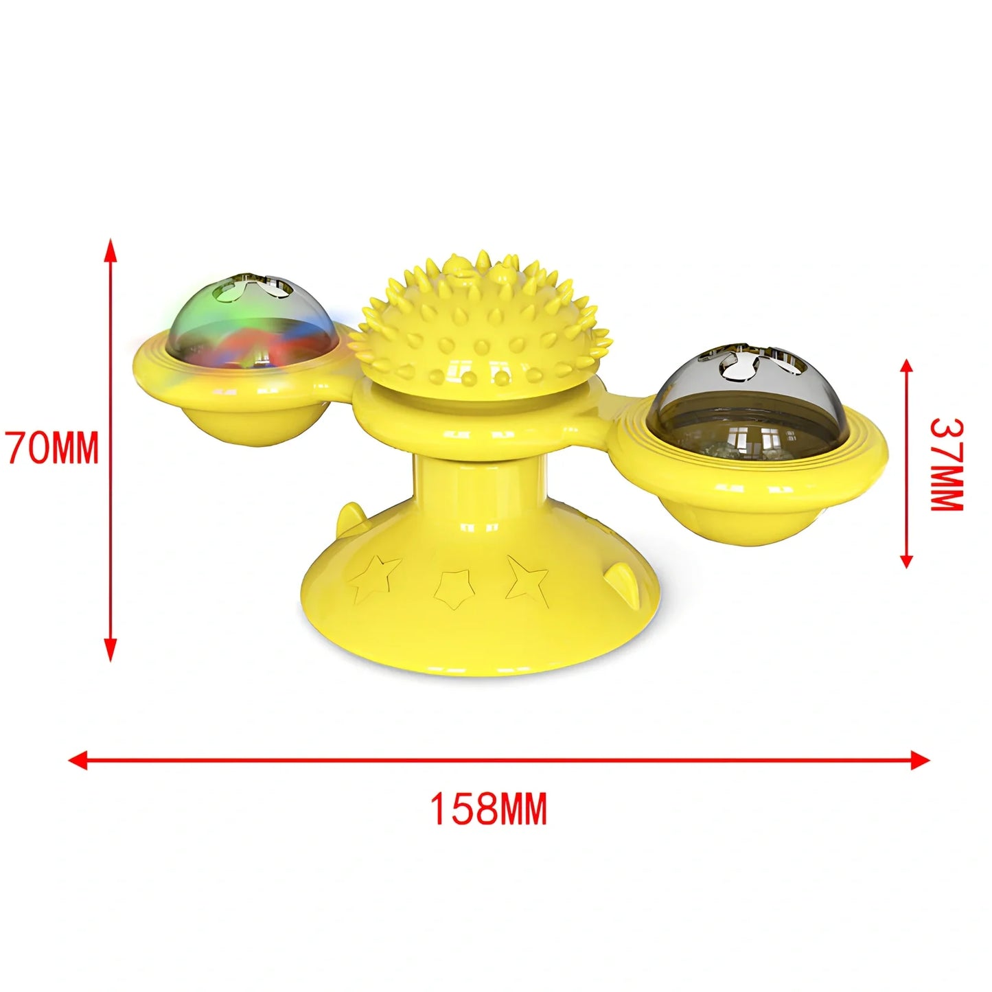 Yellow windmill cat toy with suction base, 158x74x69mm, transparent bins for balls, spinning blades and furry attachment