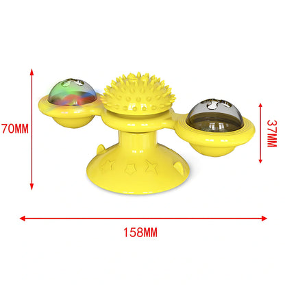 Yellow windmill cat toy with suction base, 158x74x69mm, transparent bins for balls, spinning blades and furry attachment