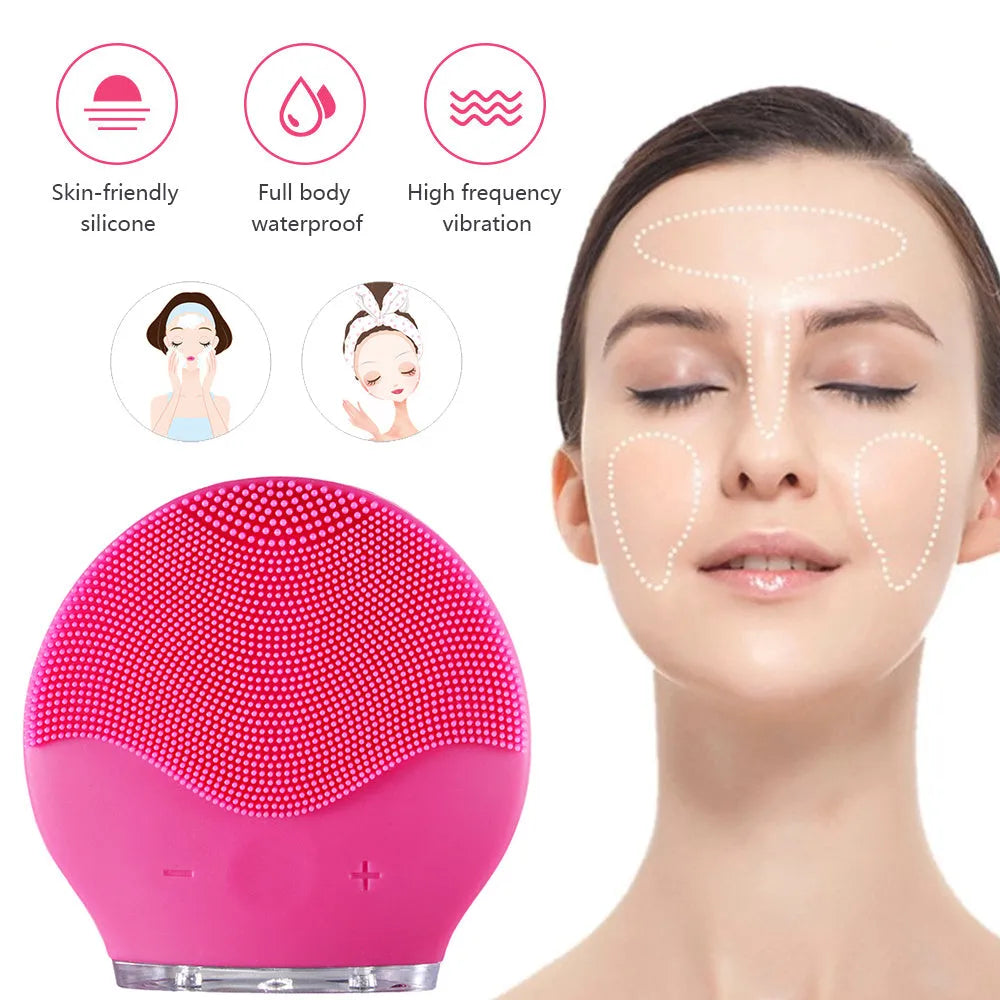Electric waterproof silicone cleansing instrument with USB charging and sonic vibration in pink