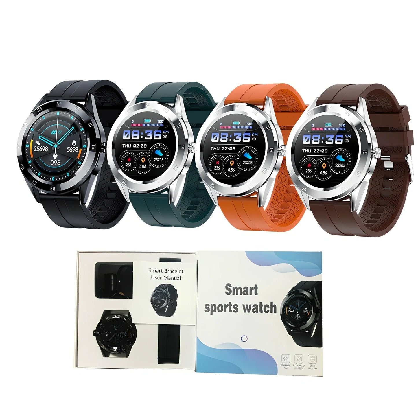 Black 1.2-inch pedometer watch with silicone strap, heart rate sensor, and 32GB storage for step tracking