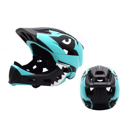 Blue children's full face bicycle helmet with ventilation holes and adjustable head strap