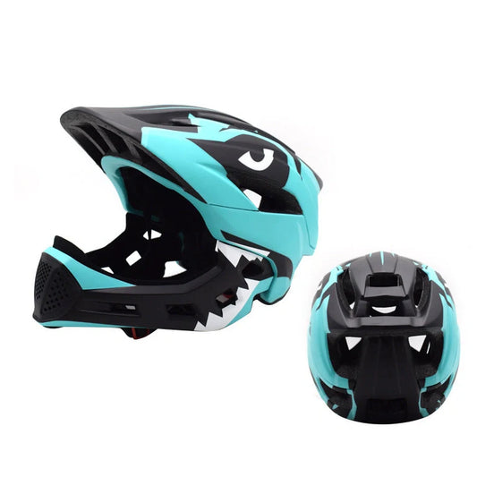 Blue children's full face bicycle helmet with ventilation holes and adjustable head strap