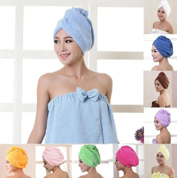 Absorbent microfiber hair turban in various vibrant colours, designed for fast and convenient drying