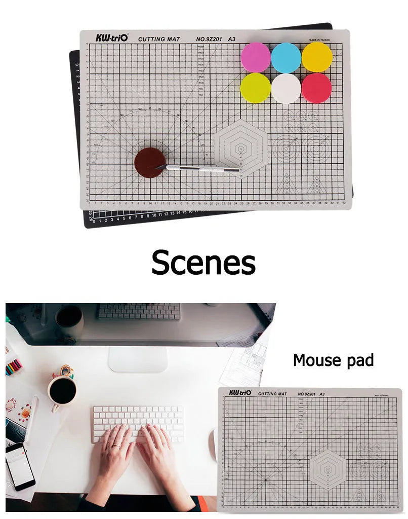 Green self-healing A3 cutting mat with centimetre grid lines on a wooden desk.