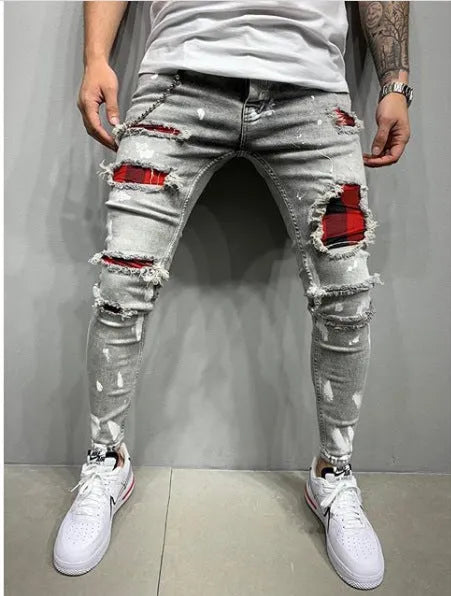 Men's cotton paint jeans in black, blue, and grey, available in multiple sizes from S to 3XL