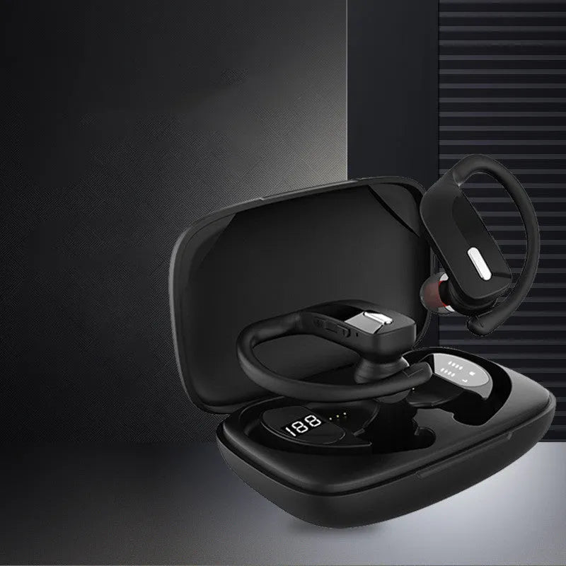 Black wireless Bluetooth headset with LED digital display on a hanging ear hook.