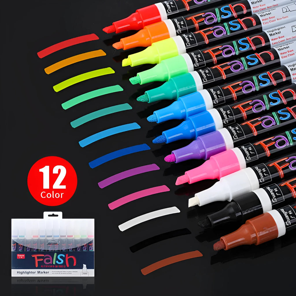 A plastic electronic highlighter with an oblique shape for fluorescent boards, shown with an 8-colour refill pack.