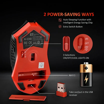 Blue wireless computer mouse with silent buttons and scroll wheel on wooden desk