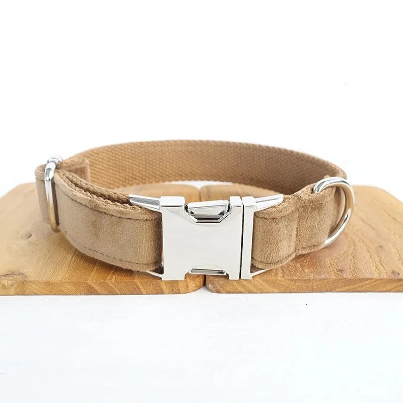 Green nude velvet adjustable pet collar on a light background, with polyester construction and scalable buckle