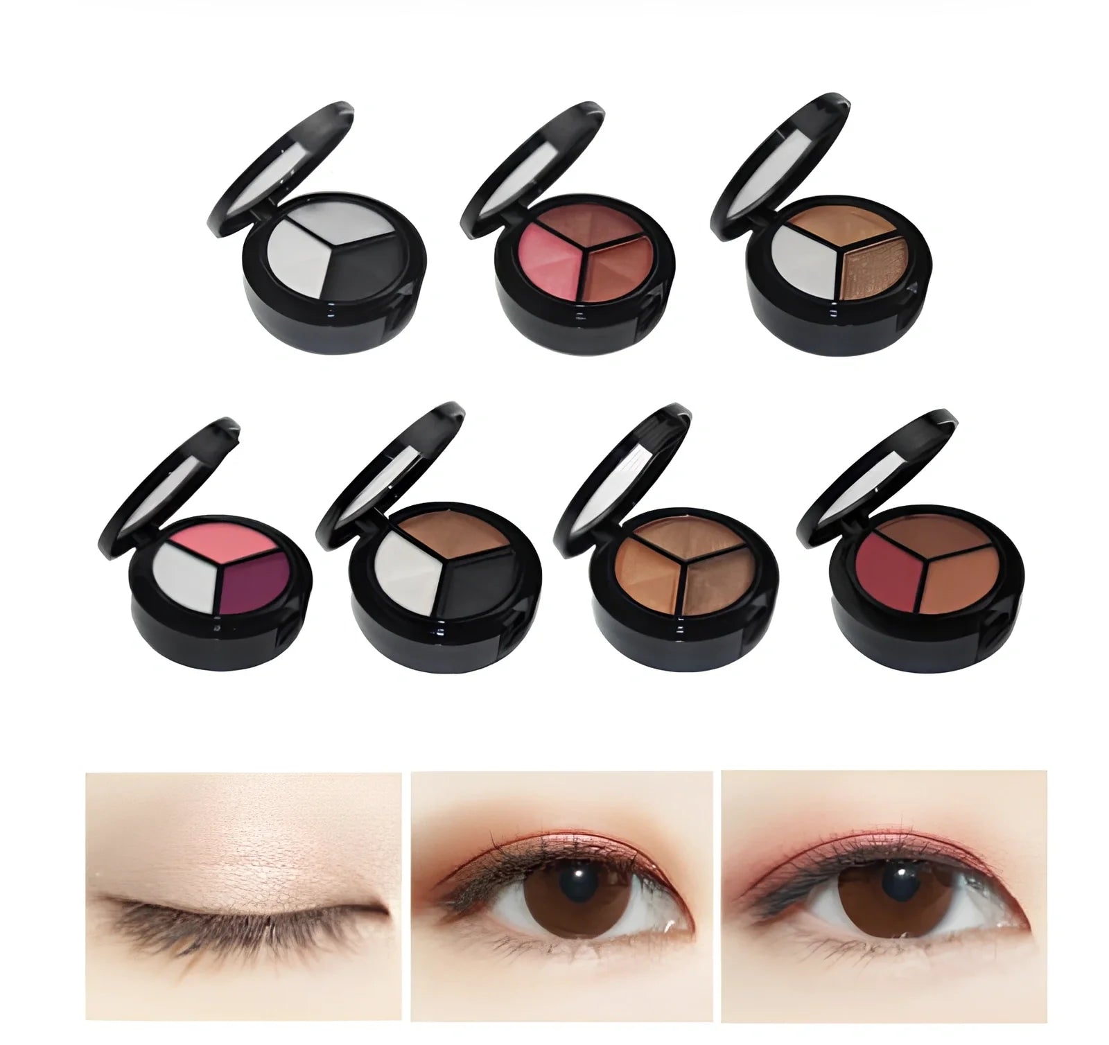 Three-colour eyeshadow palette 5cm diameter with mirror and brush, 0.022kg weight in OPP bag
