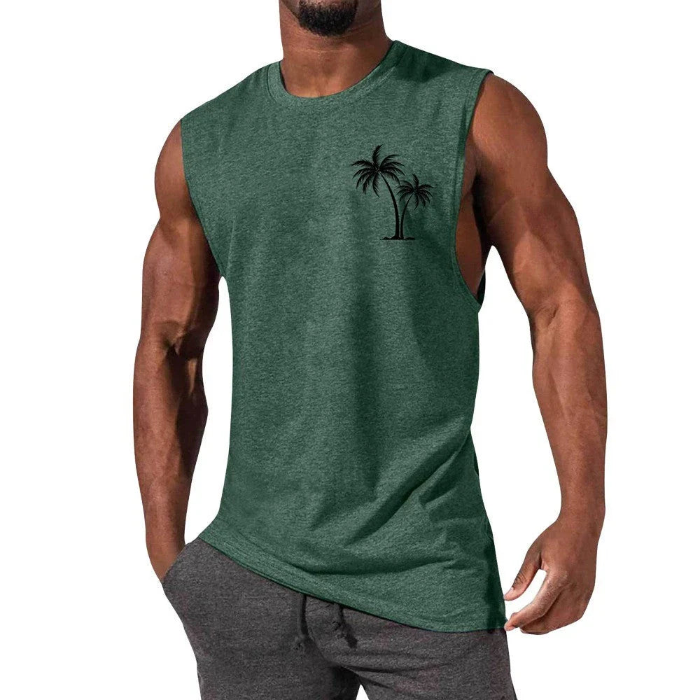 Tropical palm tree embroidered muscle tee in a variety of colors for an active, summer-inspired look