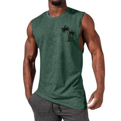 Tropical palm tree embroidered muscle tee in a variety of colors for an active, summer-inspired look