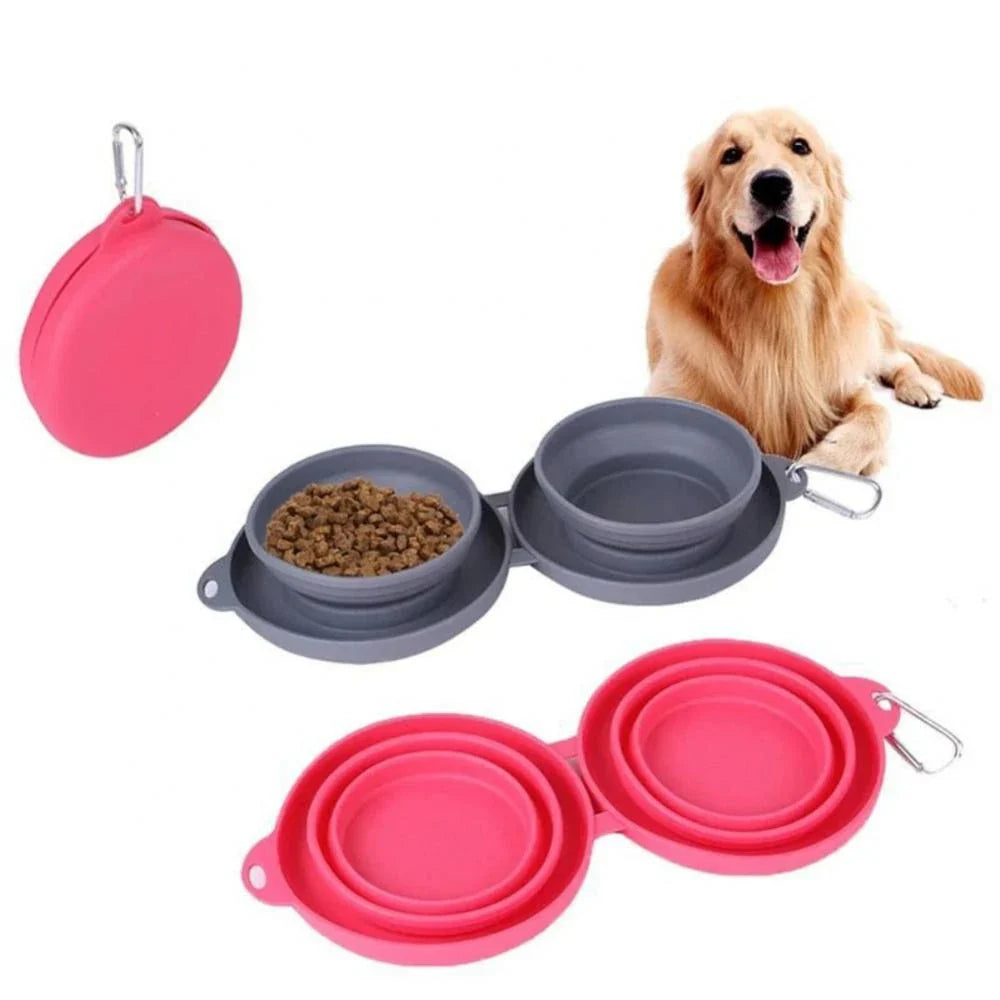 Collapsible double pet bowl with no-spill mat, perfect for travel
