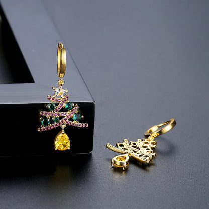 Elegant Christmas tree earrings with colorful rhinestones, a festive fashion accessory for women