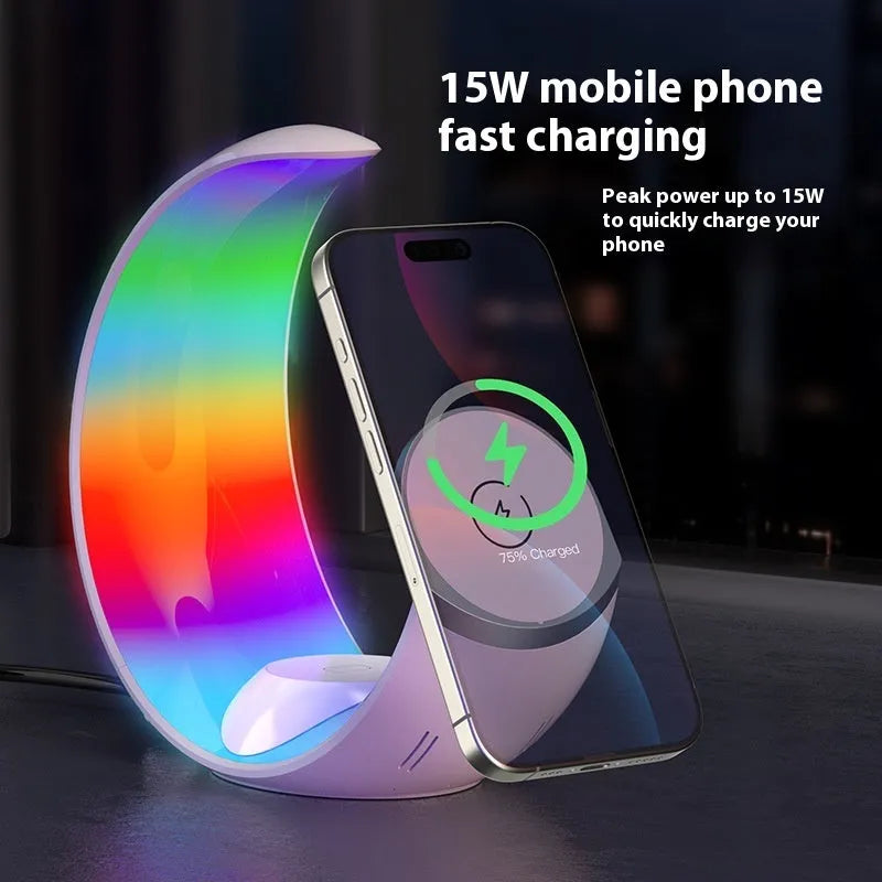 White wireless 4-in-1 ambience light charger with LED night lamp and Type-C port