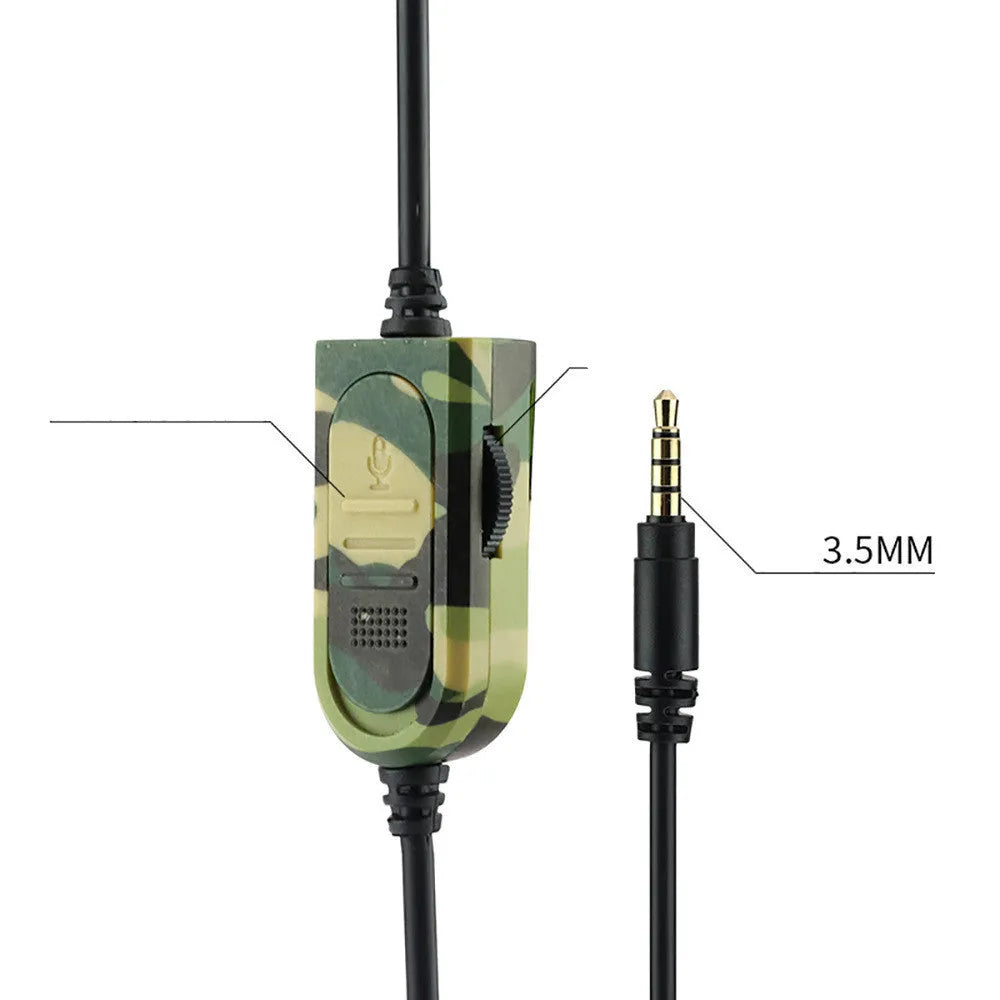 Army green camouflage wired over-ear gaming headset with microphone and 3.5mm plug on a black background.