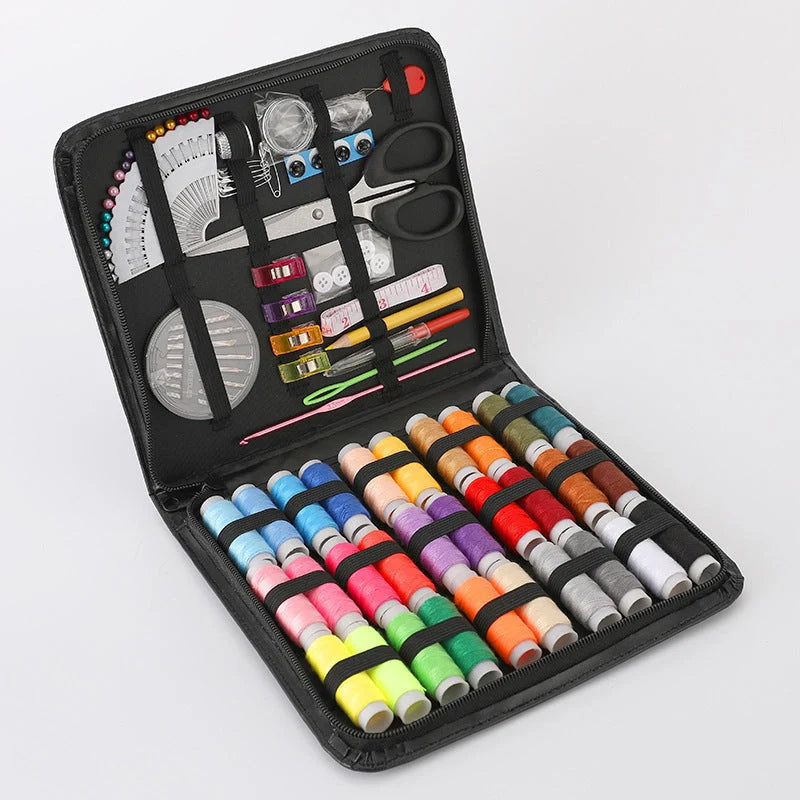 Compact black sewing kit with 98-piece accessory set for home tailoring and creative projects