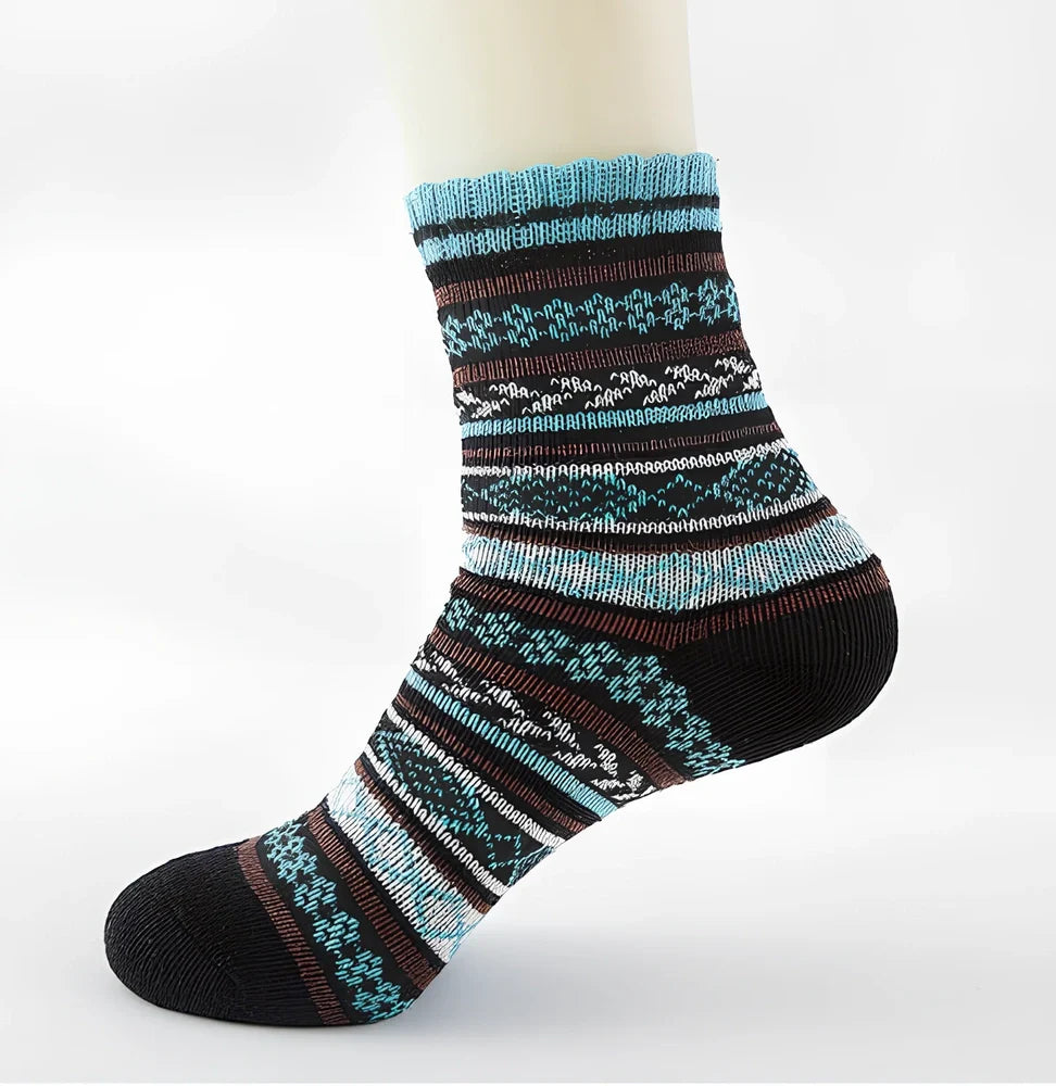 Pack of 5 thick stripe wool blend socks in various colours, featuring 15% rabbit hair for winter warmth, fitting sizes 39-42
