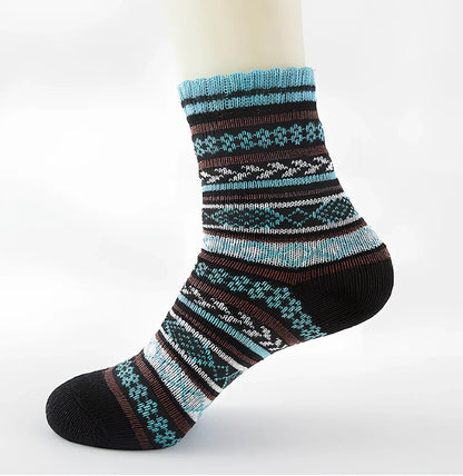 Pack of 5 thick stripe wool blend socks in various colours, featuring 15% rabbit hair for winter warmth, fitting sizes 39-42