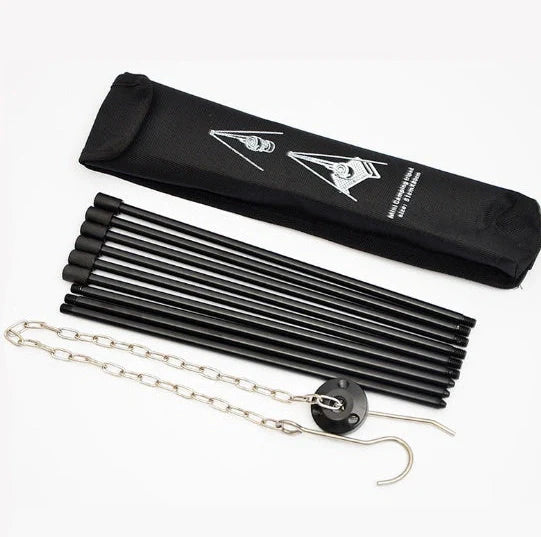 Silver aluminium camping tripod with hanging chain for outdoor barbecue cooking