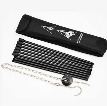 Silver aluminium camping tripod with hanging chain for outdoor barbecue cooking