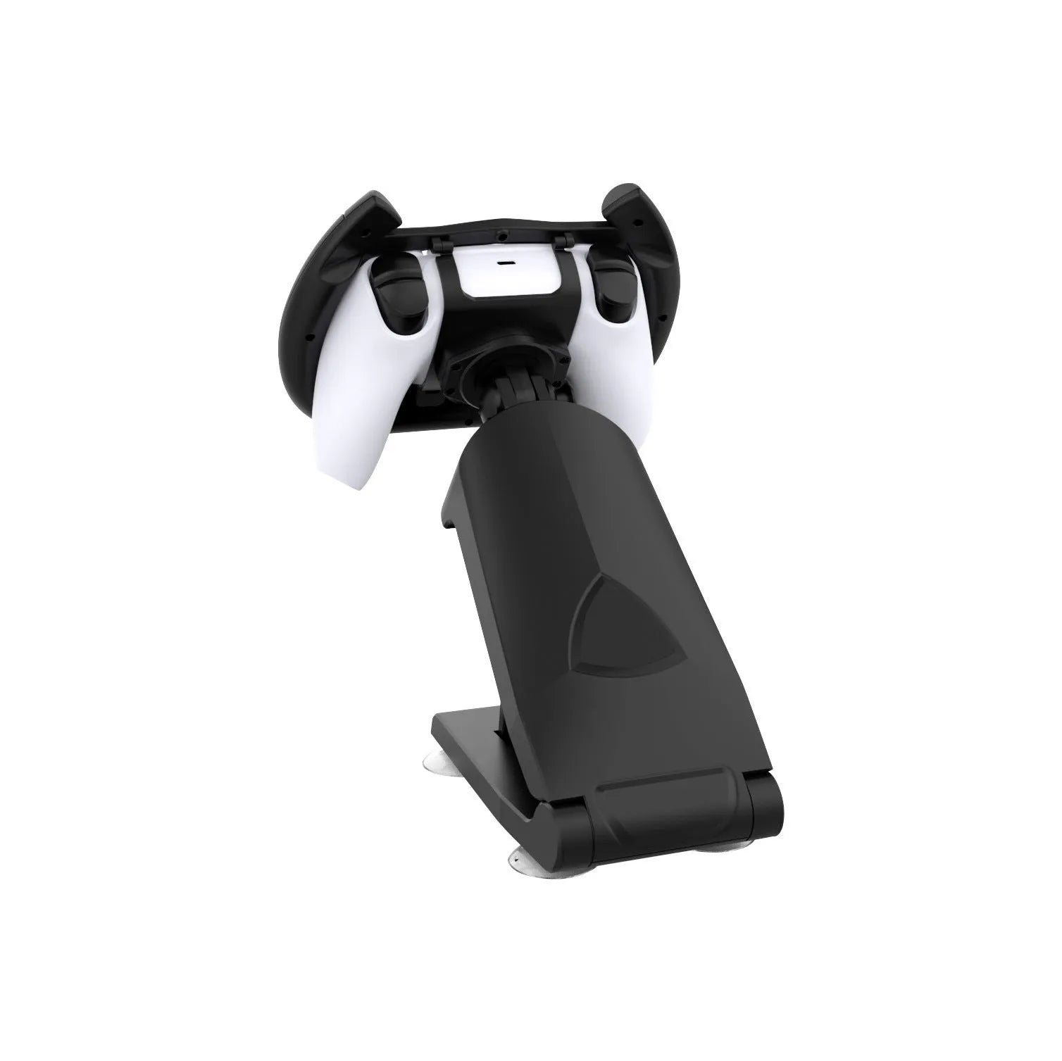 Black ABS plastic steering wheel bracket with a suction cup base for mounting smartphones during games.