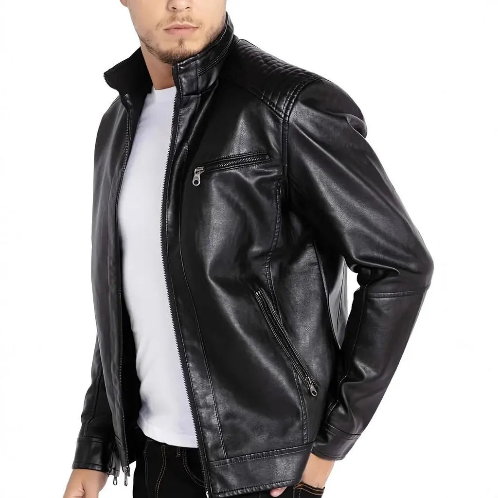 Men's brown artificial leather punk motorcycle jacket with stand collar and straight hem