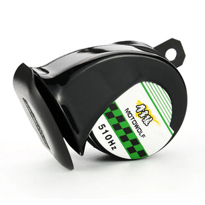 12V motorcycle horn in black measuring 12.7x8.1cm with 110dB output