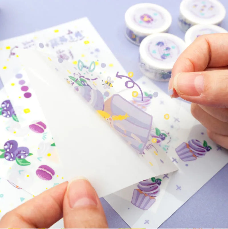 Box of five fruit tape sticker rolls in styles A B C D E with detailed fruit patterns on clear PET