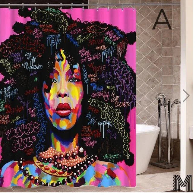 Colorful African girl portrait with graffiti art and modern buildings on a shower curtain