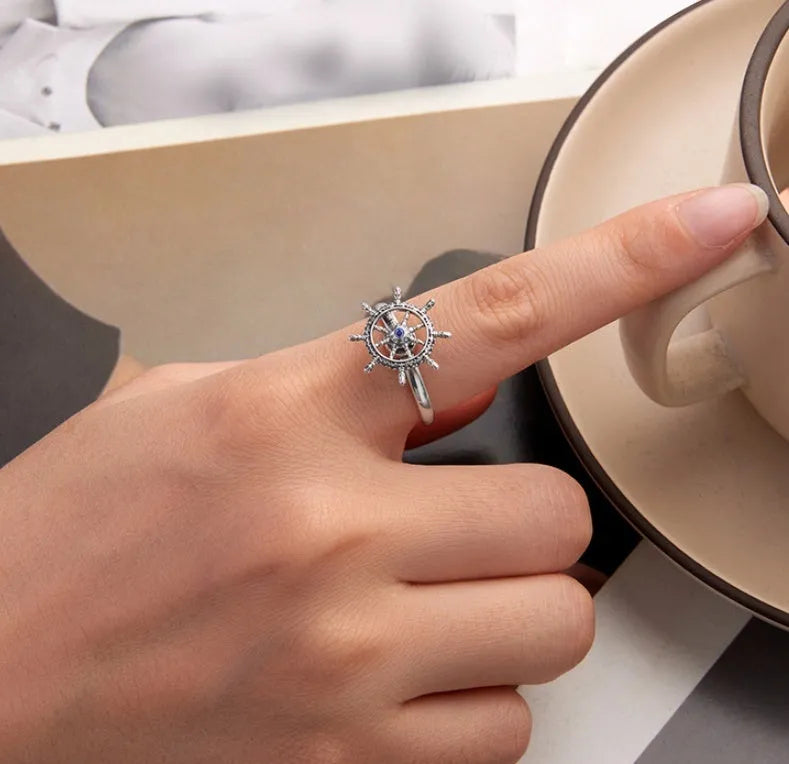Retro rotatable rudder silver ring for women with inlaid zircon open mouth adjustable