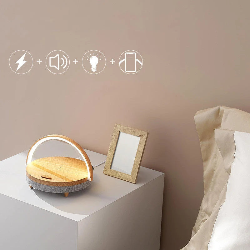 Wireless Charging LED Night Light with Bluetooth Speaker in marble and wood grain finishes