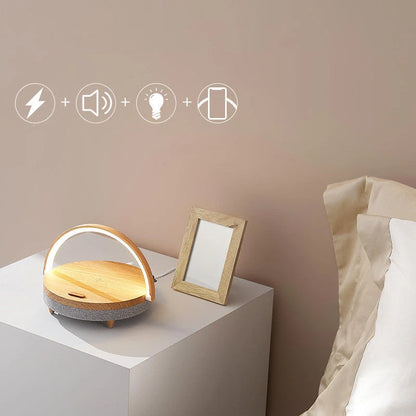 Wireless Charging LED Night Light with Bluetooth Speaker in marble and wood grain finishes