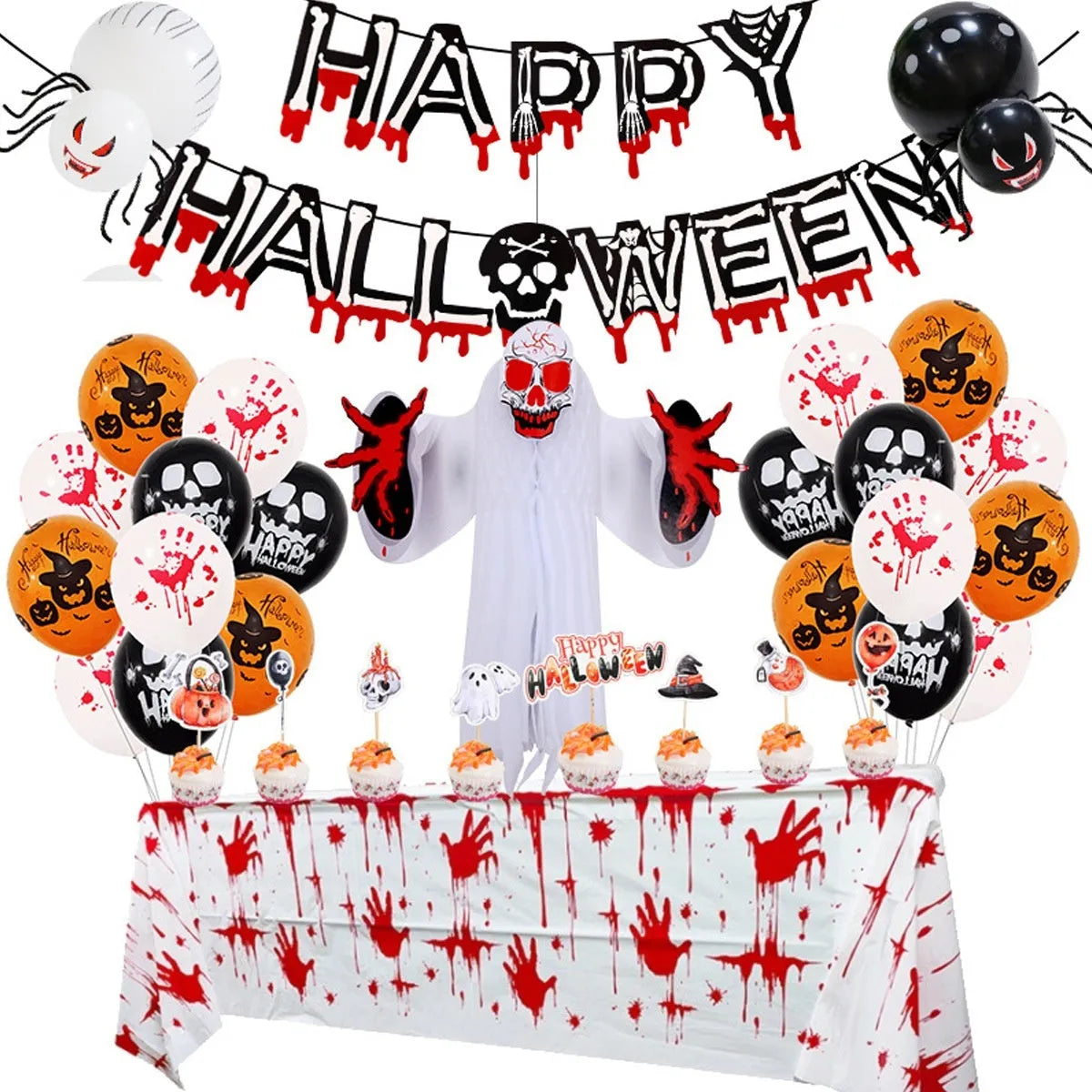 Halloween spider web balloon arch decoration set with skull and pumpkin themed balloons in white and black
