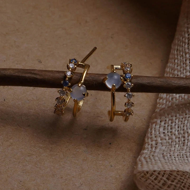 Ladies vintage blue opal earrings with 925 silver pins and real gold plating