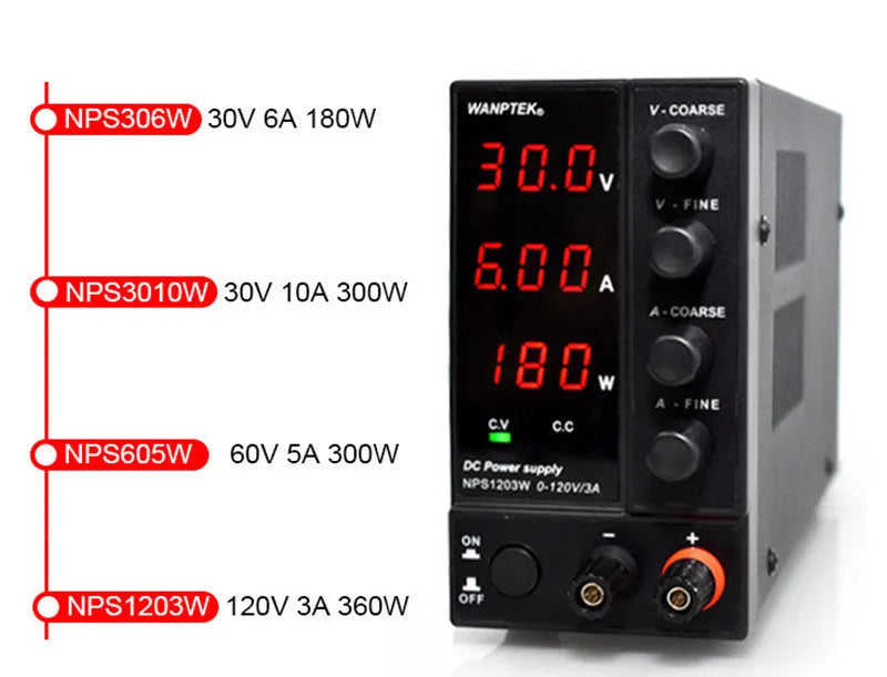 White NPS605W adjustable DC bench power supply with voltage and current dials for electronics repair.