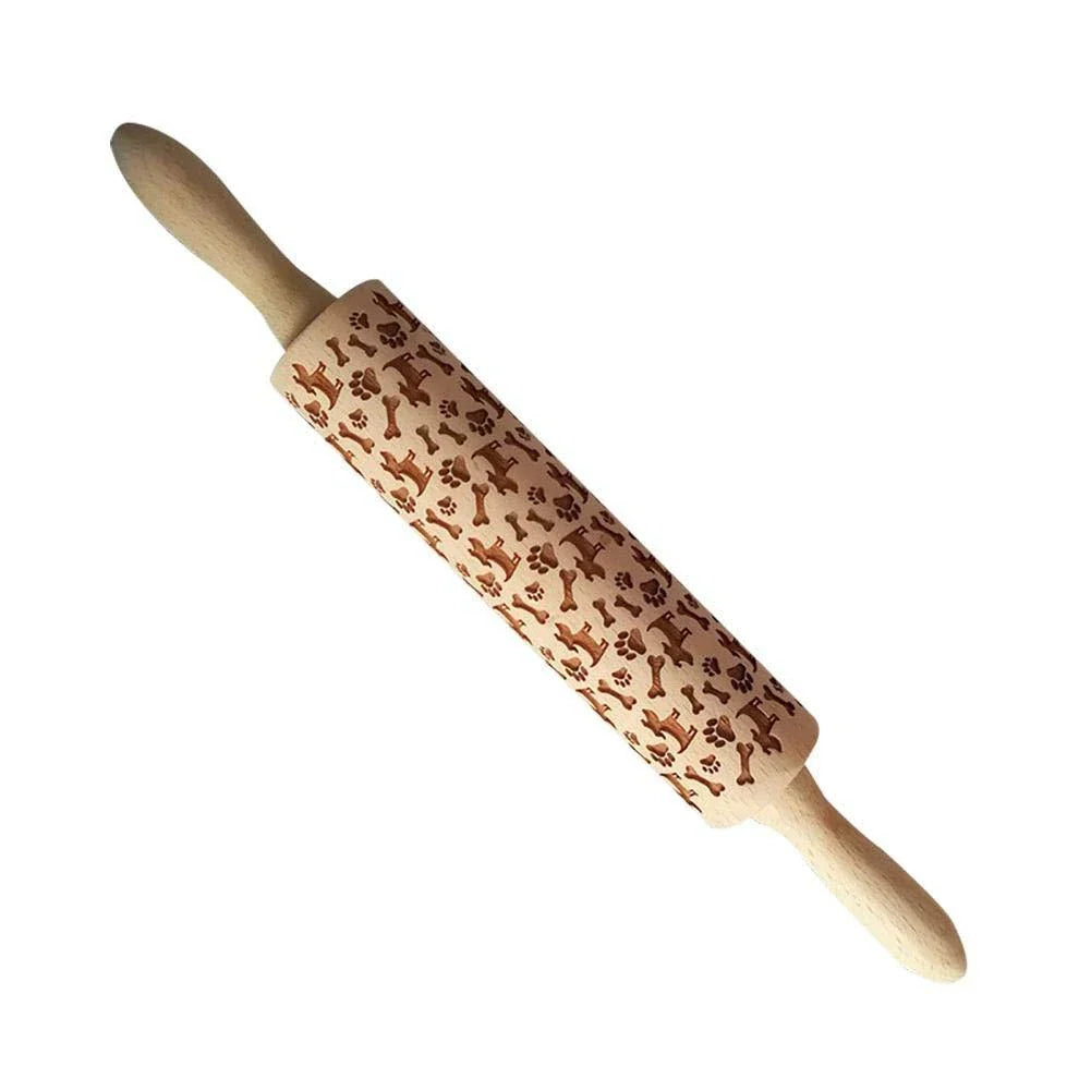 Wooden Christmas embossing rolling pin with non-stick surface for festive baking