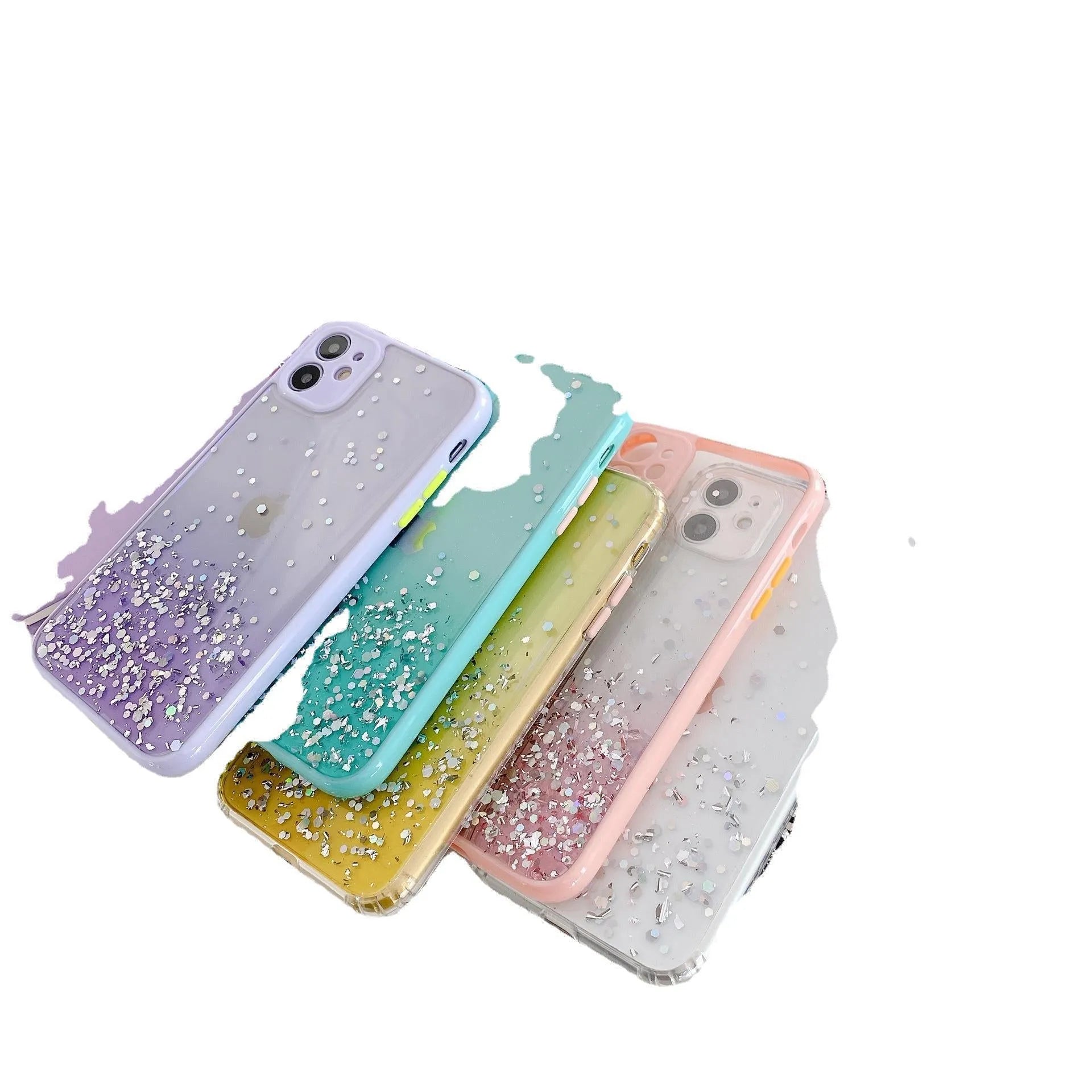 Silicone back cover for iPhone with frosted marble IMD finish and epoxy glitter gradient in multiple colours
