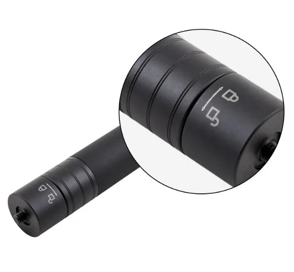 Black retractable aluminium selfie stick extended, with a smartphone mounted on the holder.