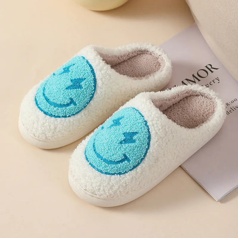 Women's plush home slippers with cartoon love design, round toe, and non-slip PVC sole