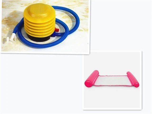 Inflatable water lounge chair in blue, floating in pool with hammock design visible