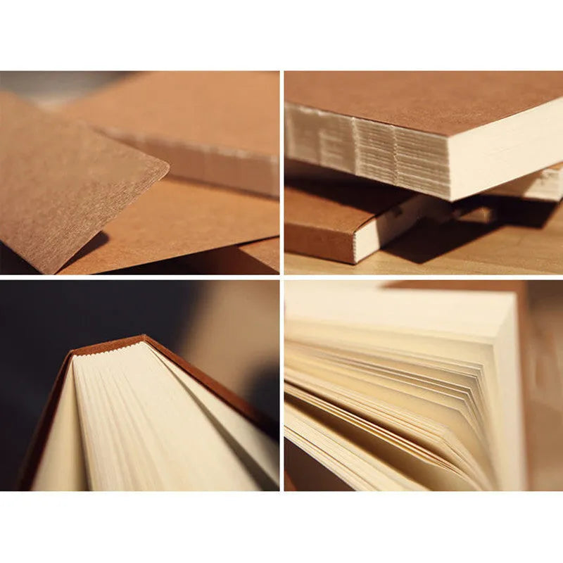 Brown kraft paper sketchbook open to show blank pages, showcasing wireless binding and 16K or 32K size.