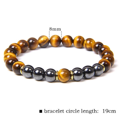 Hand-woven tiger eye stone bracelet in natural colours, showcasing unique texture and geometric design.