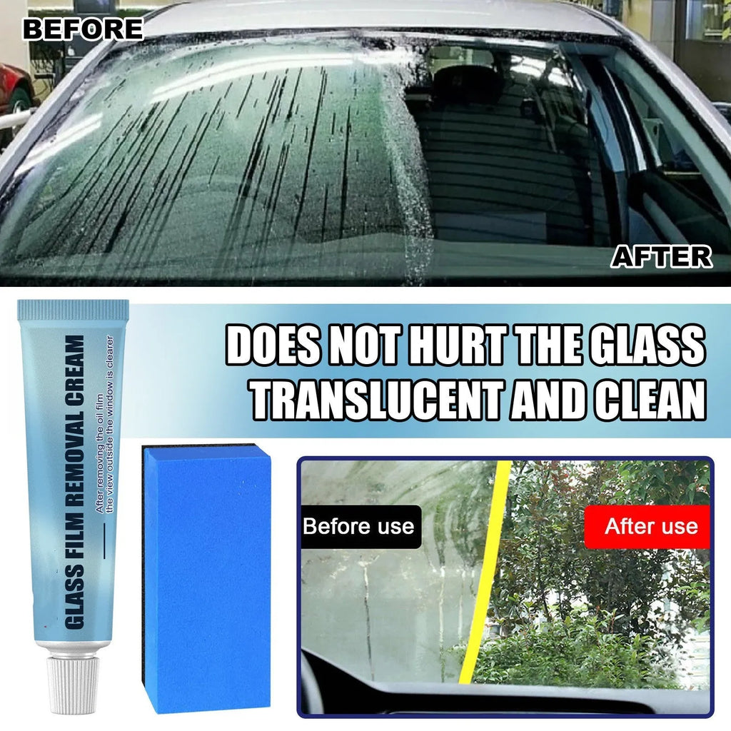 Blue car glass oil film remover with separate sponge applicator for windscreen cleaning.