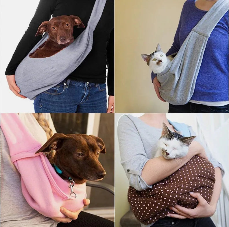 Foldable cotton and hemp pet shoulder bag in blue showing soft interior and adjustable strap