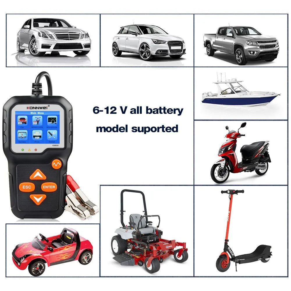 KONNWEI KW650 battery tester with LCD screen and three LED indicators, black casing