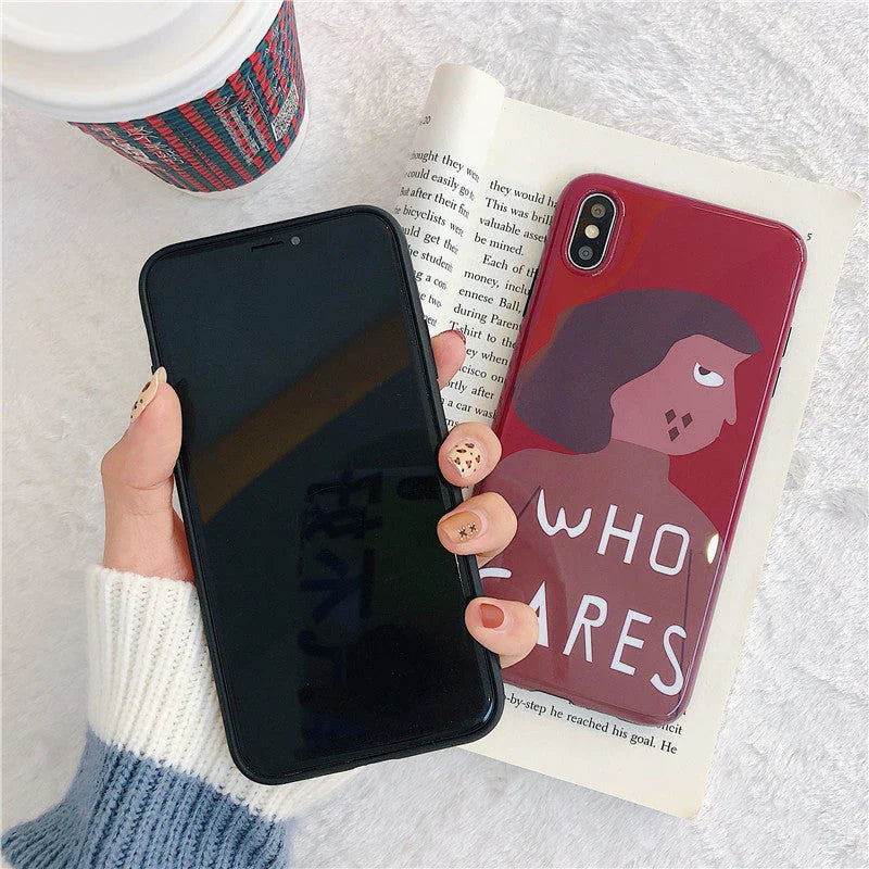 Stylish wine-red phone case with illustration of a kawaii-inspired girl, capturing the vibrant Japanese and Korean style