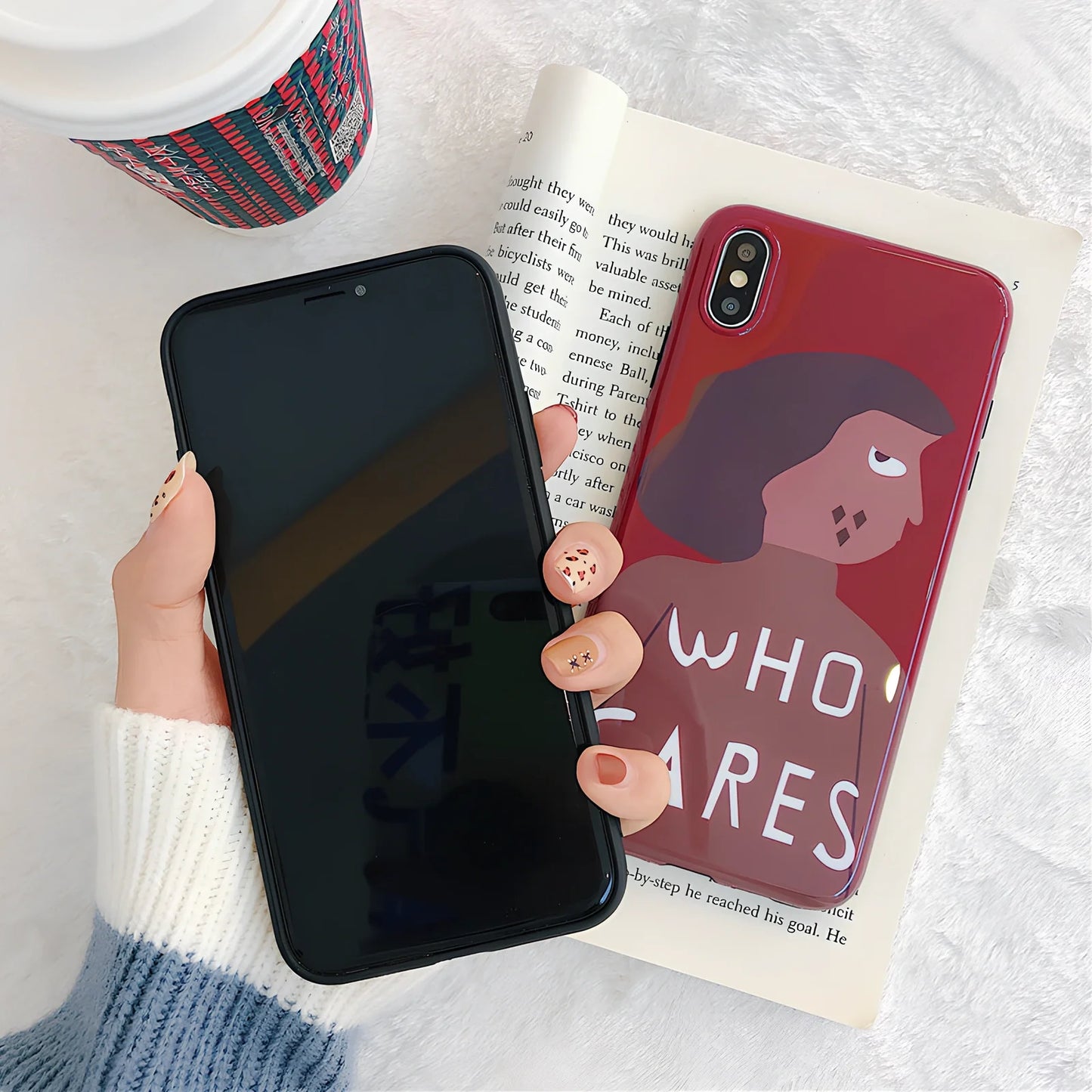 Wine red silicone iPhone case with Japanese-Korean brown girl illustration design and protective edges