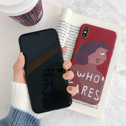 Wine red silicone iPhone case with Japanese-Korean brown girl illustration design and protective edges
