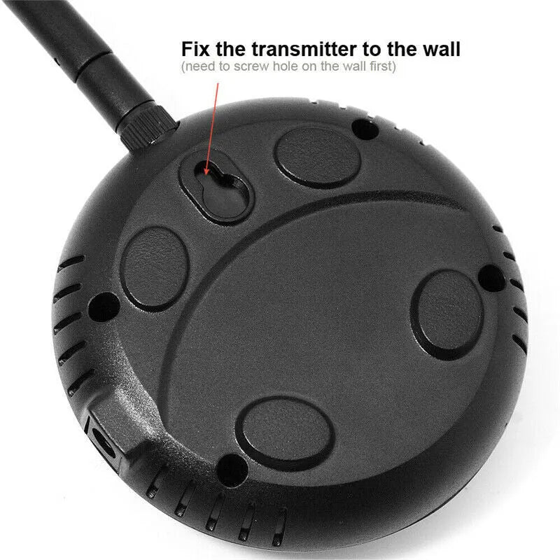 Wireless pet fence transmitter and receiver collar with ABS plastic and TPU construction, IP67 waterproof rating, 150 metre range.
